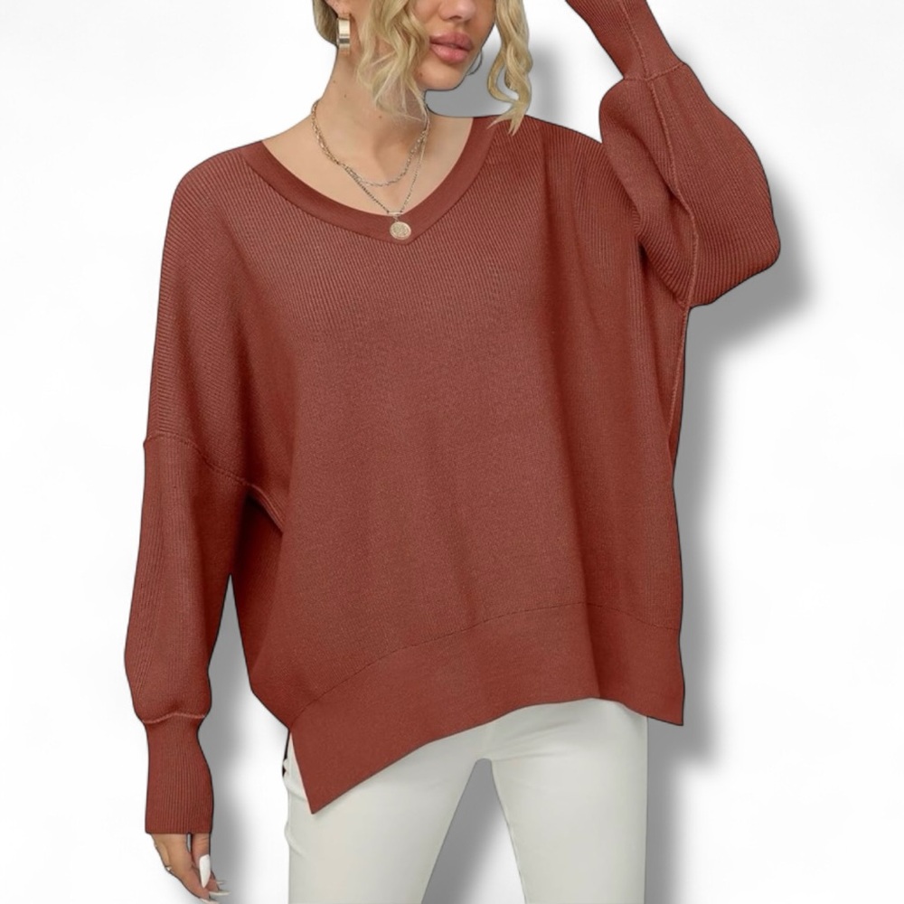Anrabess Oversized V-Neck Batwing Sweater